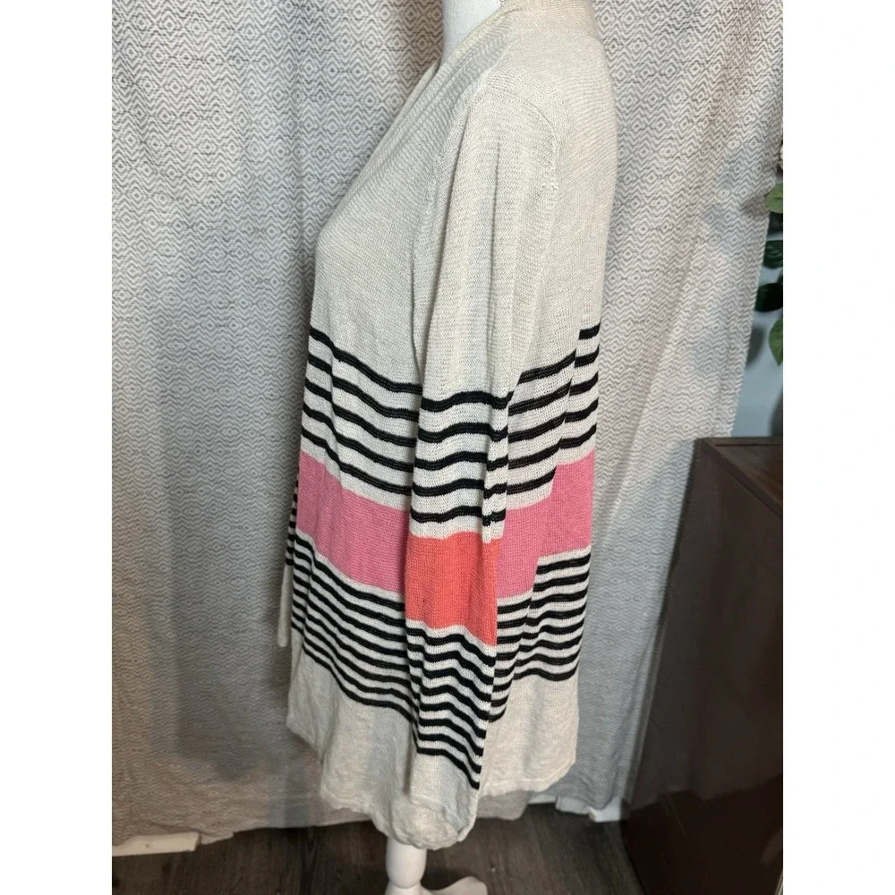 J Jill Tan Black Pink Knit Lightweight Open Cardigan Striped Linen Cotton Medium